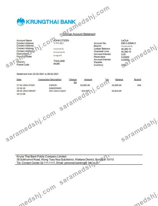 Thailand Krungthai bank statement Word and PDF template